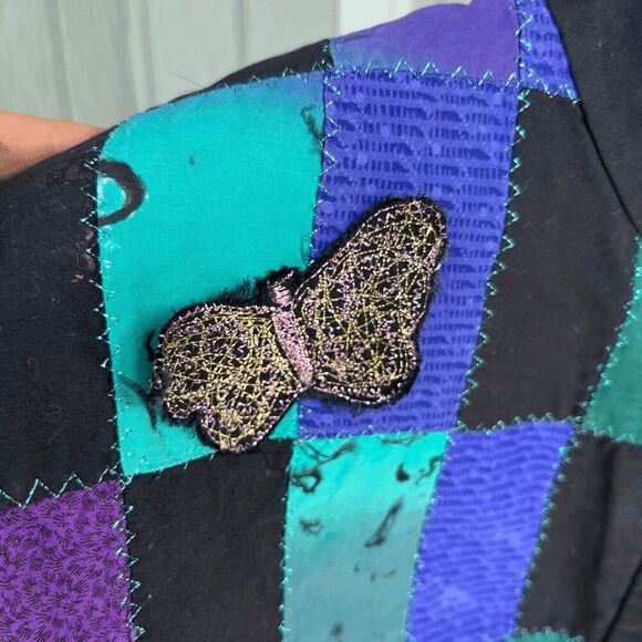 Vintage Patchwork Quilted Art Jacket w/ Butterfly Appliques, Abstract Design - M - Picture 5 of 10